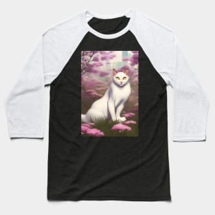 White Cat Surrounded by Flowers Tokyo Background 2and Yellow eyes Baseball T-Shirt